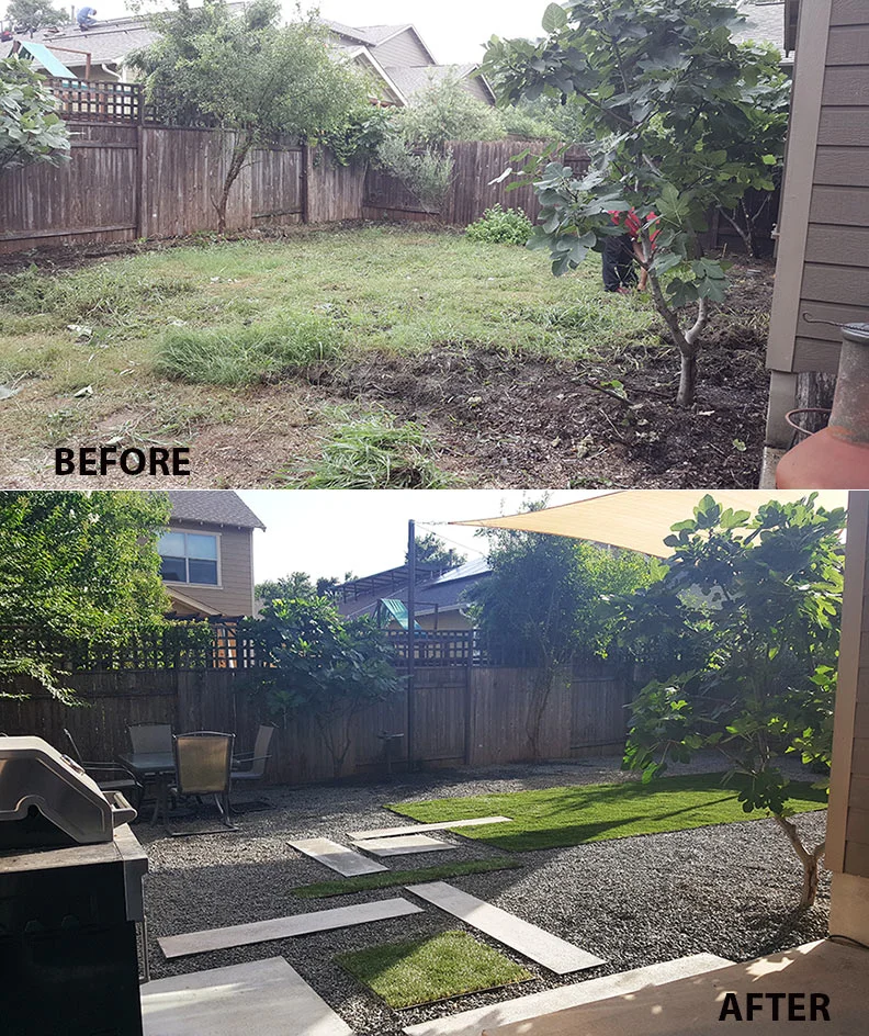 Backyard transformation: weed-filled yard becomes a gravel patio with stepping stones and a shade sail